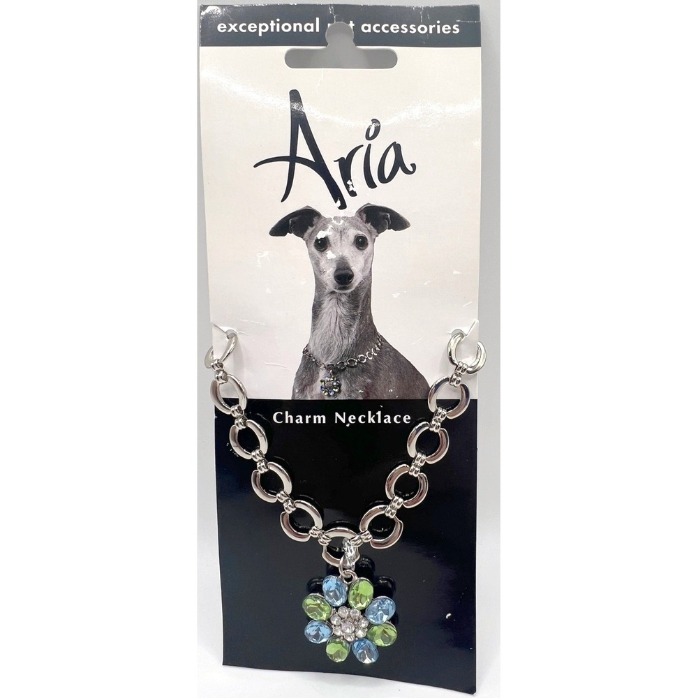 Aria Flower Charm Dog Necklace Blue Green Crystal 8–12" Lobster‎ Clasp NWT